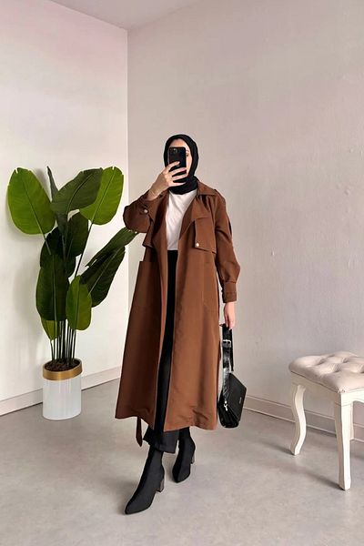 Tesettür Diyarı Brown Trench-Shoulder and Arm Detailed Belted
