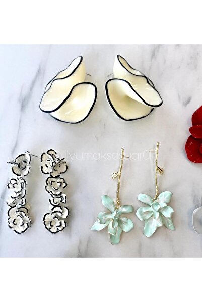 Lilyum Aksesuar Marka Model Siyah Beyaz Uzun Çiçek Küpe