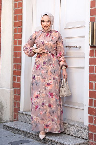 Neva Style Rochie hijab Camel cu imprimeu floral 27987C