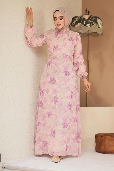 Neva Style Rochie Hijab Dusty Rose cu modele florale 279919 GK