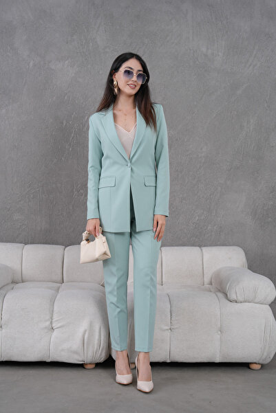 nodilife Düğmeli Atlas Takım Elbise Mint Yeşili