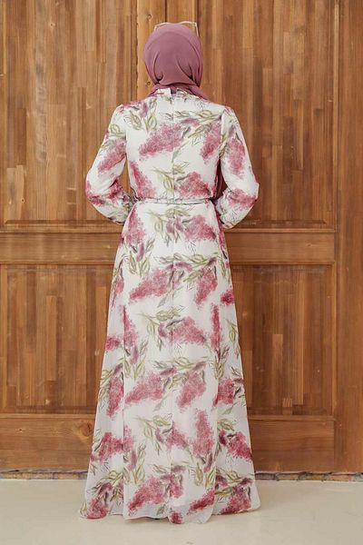 Neva Style Floral Patterned Ecru Hijab Dress 279066 E