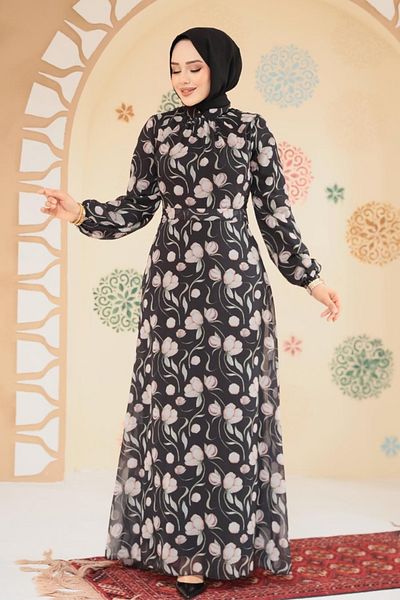 Neva Style Rochie neagră cu hijab cu modele florale 279909 S