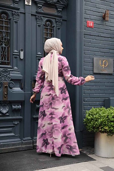 Neva Style Floral Patterned Dusty Rose Hijab Dress 279906 Gk