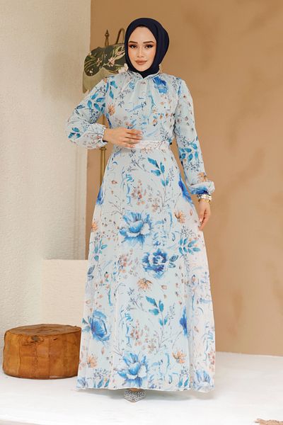 Neva Style Rochie Hijab Turcoaz cu Motiv Floral 27963TR