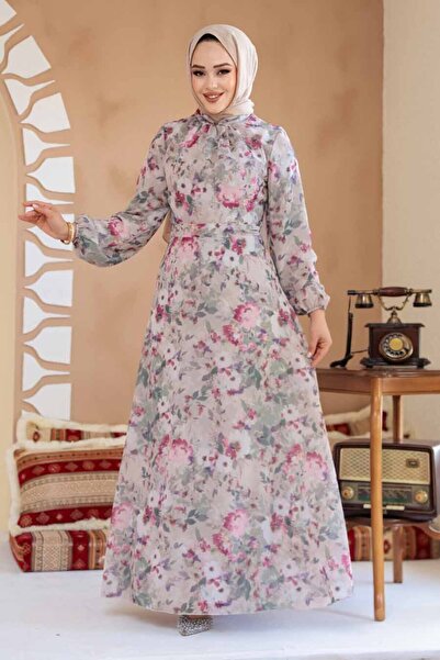 Neva Style Çiçek Desenli Vizon Tesettür Elbise 27998V
