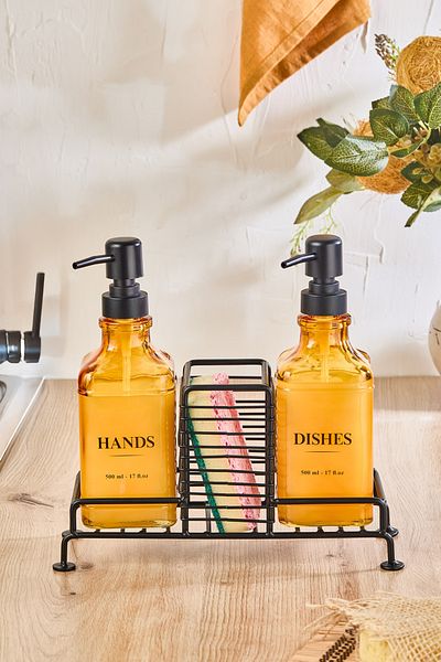 Kitchen Life Set de 2 vase de săpun din sticlă chihlimbar cu compartiment din burete și suport metalic dreptunghiular - dozator de detergent pe blat