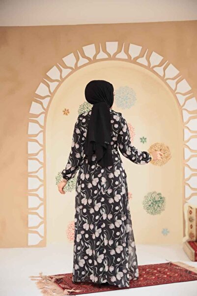 Neva Style Rochie neagră cu hijab cu modele florale 279909 S