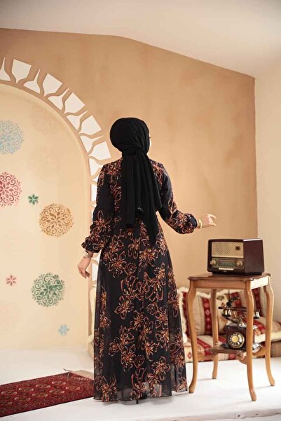 Neva Style Rochie neagră cu hijab cu modele florale 279911 S