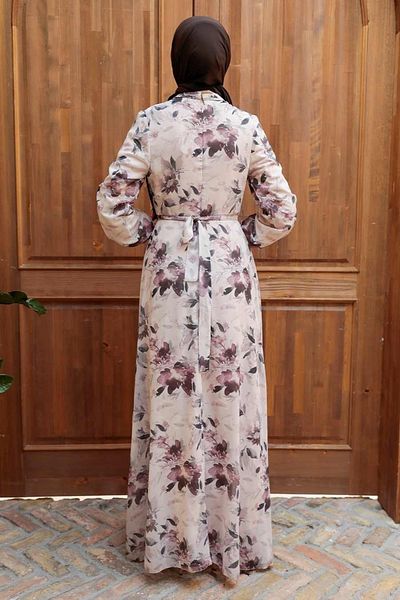 Neva Style Floral Patterned Beige Hijab Dress 279014Beige