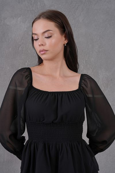 bayansepeti Fustă de damă cu detaliu rochie mini neagră din țesătură șifon căptușită 078