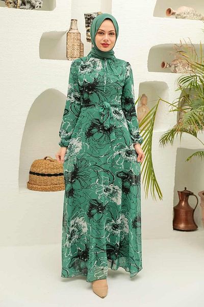 Neva Style Φόρεμα με λουλουδάτο μοτίβο Çağla Green Hijab 279070cy