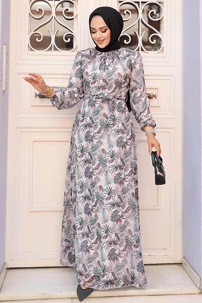 Neva Style Floral Patterned Khaki Hijab Dress 279077 Hk