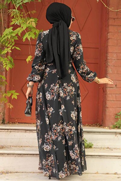 Neva Style Çiçek Desenli Siyah Tesettür Elbise 279082s