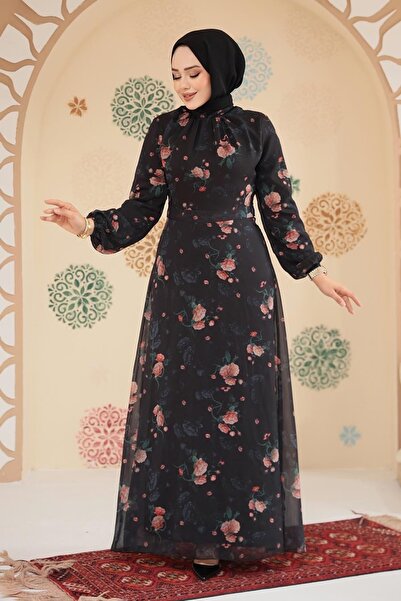 Neva Style Rochie neagră cu hijab cu modele florale 279908 S