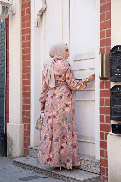 Neva Style Çiçek Desenli Camel Tesettür Elbise 27987C