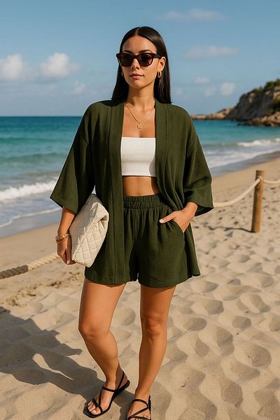only moon Women's Clothing Wrinkle Fabric Kimono -Shorts Set, Bottom Top Set (Not Included in It)