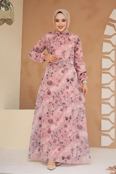 Neva Style Rochie hijab pudra cu modele florale 279903 PD
