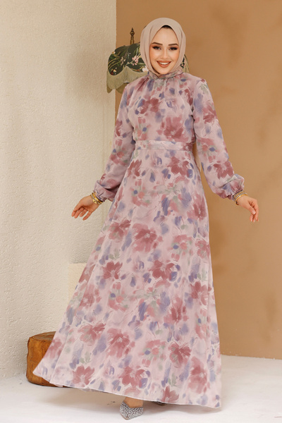 Neva Style Floral Patterned Powder Hijab Dress 27978Pd