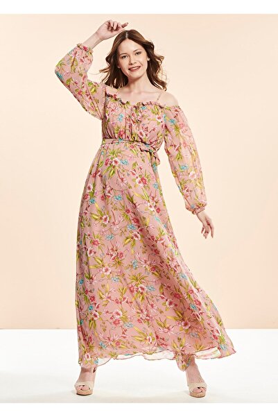 Genel Markalar Çiçek Desen Şifon Uzun Hamile Elbise