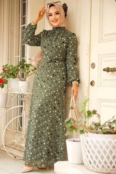 Neva Style Polka Dot Patterned Khaki Hijab Dress 279065 Hk