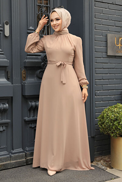 Neva Style - Kemerli Vizon Tesettür Elbise 27922v