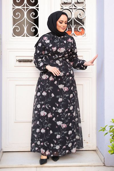 N.S NEVA STYLE Φόρεμα Μαύρο Hijab με Floral Print 279921S