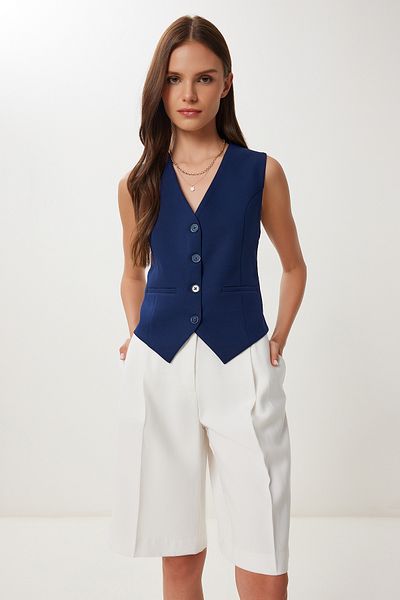 Lovelyİstanbul Vestă țesută Crop Așezată pe corp Bleumarin Lto0003