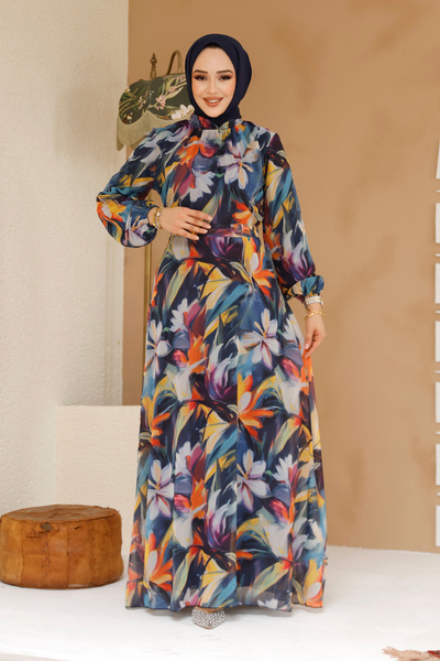 Neva Style Çiçek Desenli Lacivert Tesettür Elbise 27977L