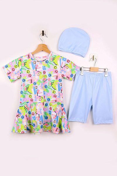 Beniizle Gülenyüz Flounce Skirt and Checkered Girl's Three-Piece Swimsuit Set