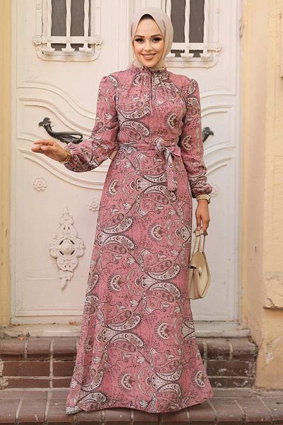 Neva Style Floral Patterned Powder Hijab Dress 279081 Pd