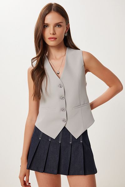 Lovelyİstanbul Gray Crop Woven Vest - Fitting on the Body, Lto0003