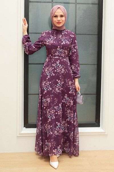Neva Style Μωβ φόρεμα Hijab με λουλούδια 27906