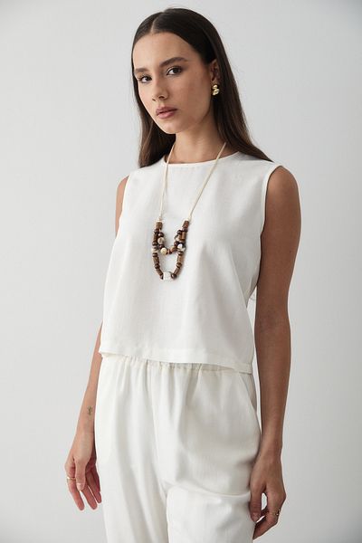 JASTE Women's Necklace Detailed Blouse & Elastic Waist Pants Linen Suit