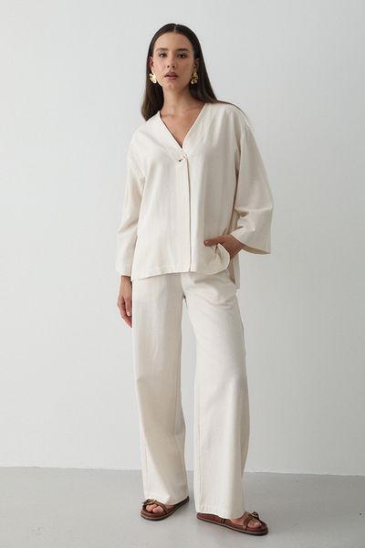 JASTE Women's Buttoned V-Neck Kimono & Elastic Waist Trousers Linen Set