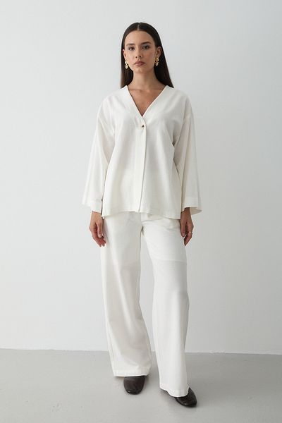 JASTE Women's Buttoned V-Neck Kimono & Elastic Waist Trousers Linen Set