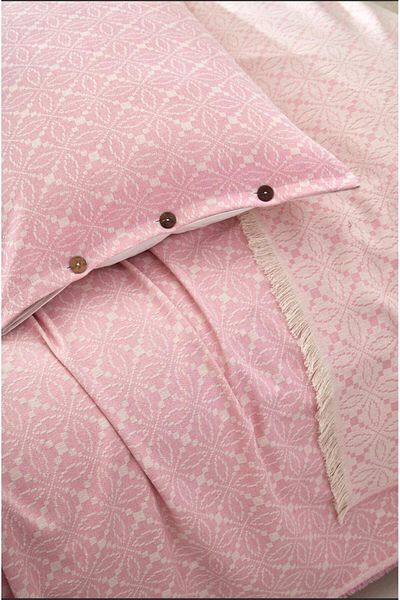 Cottonest Pink-Ecru Pique Jacquard Patterned Fringed Bedspread Set with Two Pillows