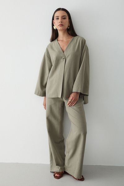 JASTE Women's Buttoned V-Neck Kimono & Elastic Waist Trousers Linen Set