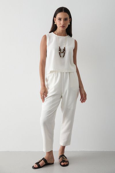 JASTE Women's Necklace Detailed Blouse & Elastic Waist Pants Linen Suit