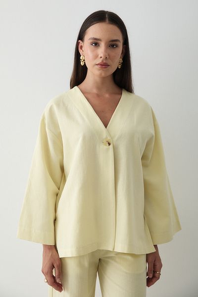 JASTE Women's Buttoned V-Neck Kimono & Elastic Waist Trousers Linen Set