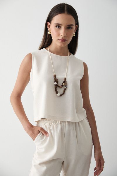 JASTE Women's Necklace Detailed Blouse & Elastic Waist Pants Linen Suit