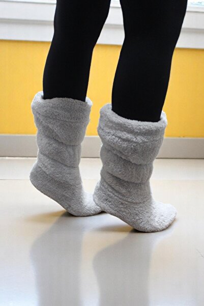 fluffy Kadın Gri Welsoft Büzgülü Uzun Bot, Kaydırmaz Ve Sessiz Taban, Kışlık, Peluş, Yumuşak Büzgülü Bot