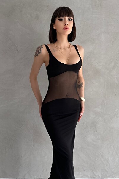 New Now Elsa Hosk Black Tulle Detailed Low-Cut Waist Stretchy Sandy Fabric Long Maxi Dress