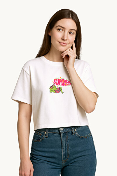 FANA تي شيرت نسائي أبيض اللون مطبوع عليه ضفدع صيفي صغير الحجم