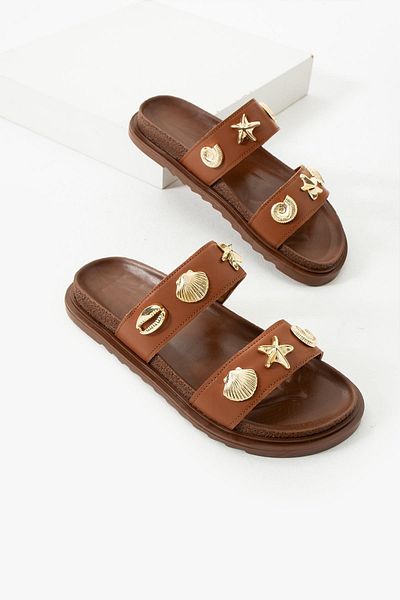 diclepolat Joke Tan Matte Star Buckle Detailed Double Tape Flat Sole Women's Slippers