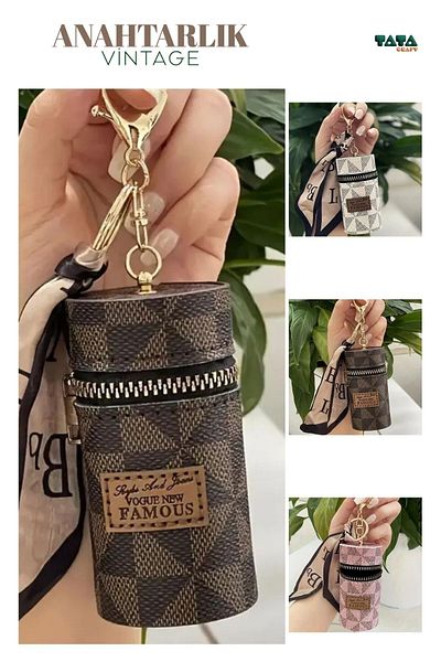 TATA CRAFT Brown Mini Luxury Wallet Keychain Makeup with Vintage Scarf - Brown