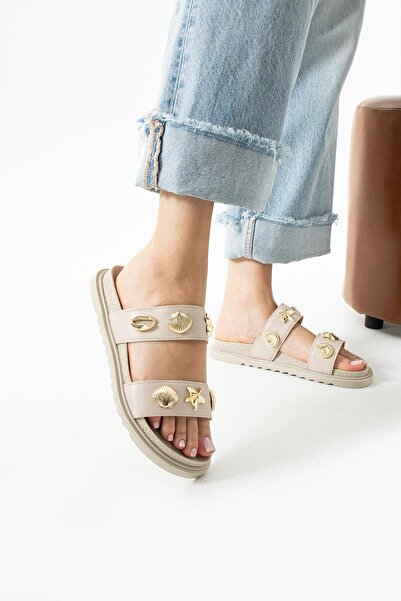 diclepolat Joke Beige Matte Star Buckle Detailed Double Tape Flat Sole Women's Slippers