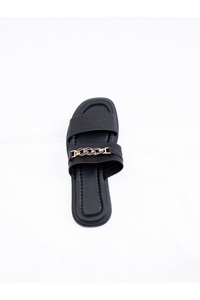 innsteal Eleorachain Black Chain Detailed Women's Thick Banded Flat Slippers Comfortable Summer Model
