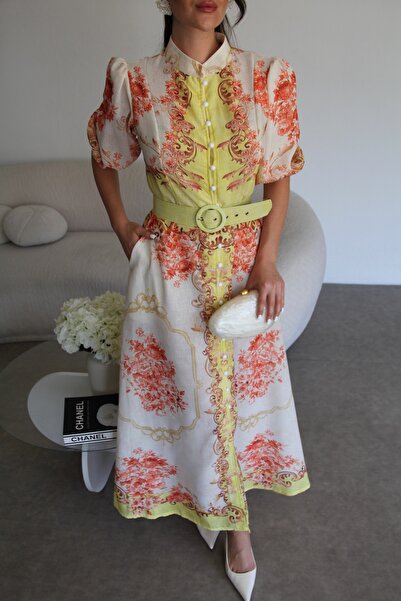 Julidress Yellow Patterned Belted Pocket Midi Length Premium Design Linen Dress