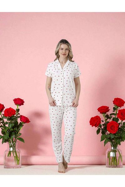 ÇEÇEN HOME Short Sleeve Shirt Collar Pajamas Suit Cherry Pattern
